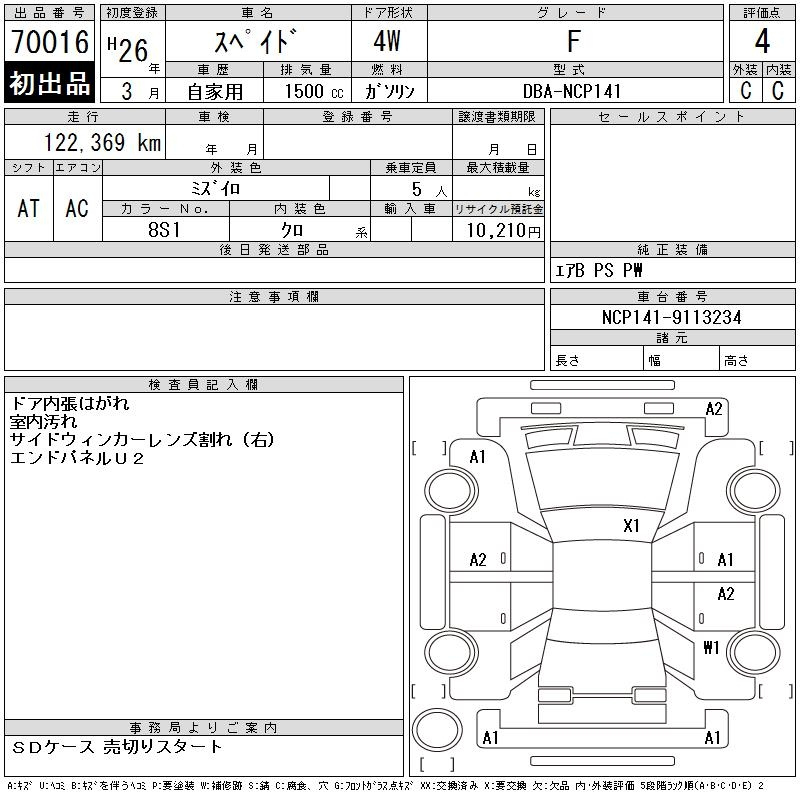 TOYOTA SPADE F с аукциона Японии (Аукционный лист)