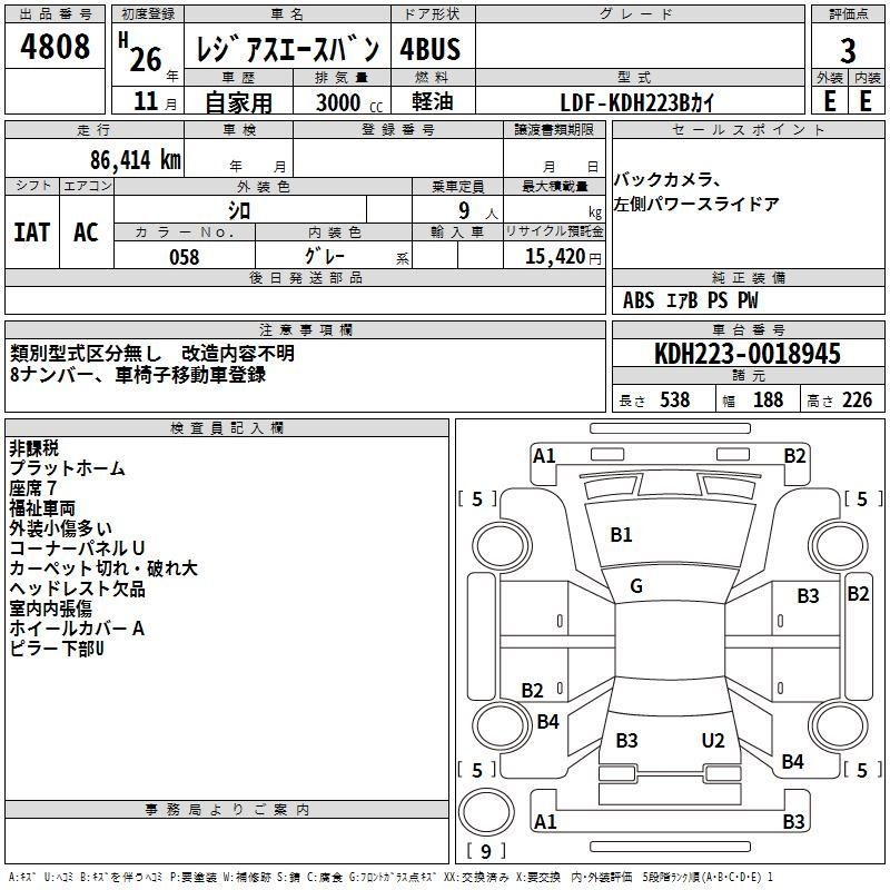 TOYOTA REGIUS ACE COMMUTER KDH223Bｶｲ 2014г. с аукциона Японии (Аукционный лист)
