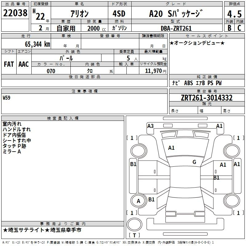 TOYOTA ALLION A20 S Package с аукциона Японии (Аукционный лист)